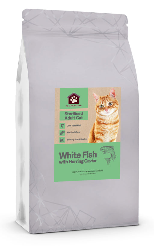 grain free-adult-cat-food-white fish-herring caviar-sterilised cat-neutered cat-low fat-natural cat food- fresh cat food-hypoallergenic